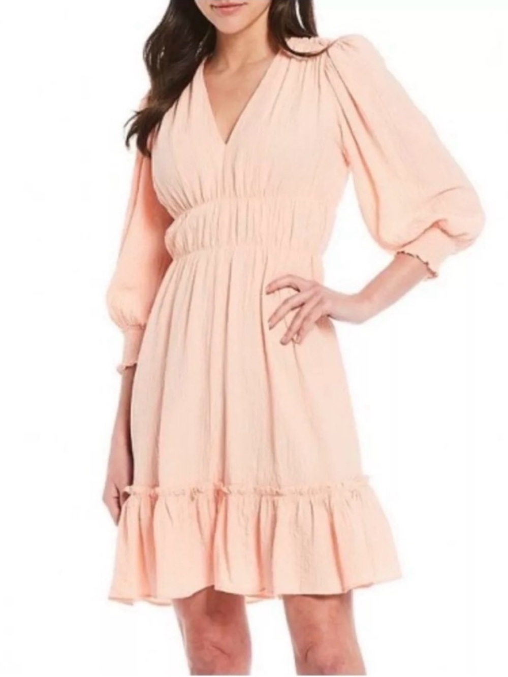 Calvin Klein Crinkle Gauze Ruffle Dress Long Puff Sleeves Peach Size 2